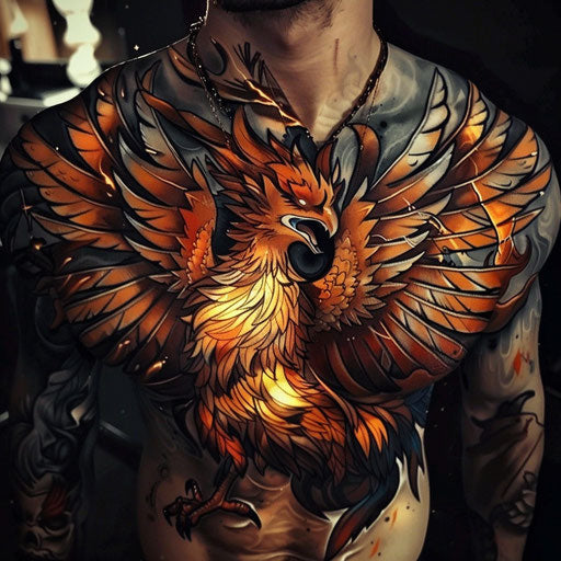 A phoenix spreading its wings over the chest