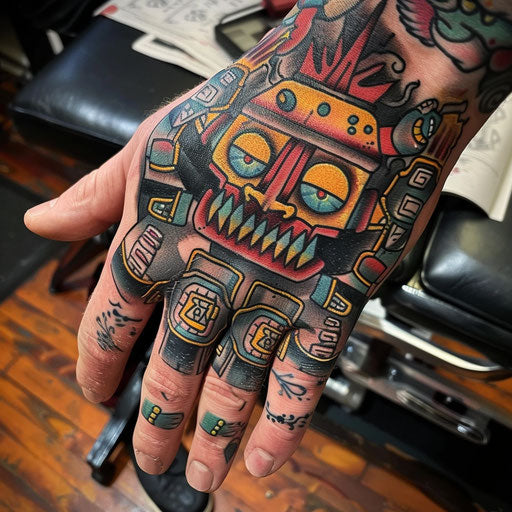 Hand tattoo with satirical theme