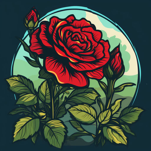 A red rose on a background with leaves, bold outlines, flat colors, colorful drawings