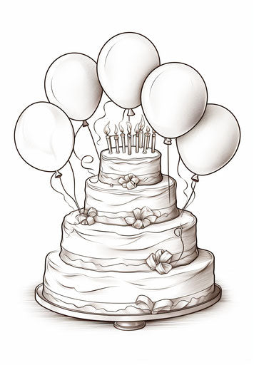 Drawing of birthday cake with balloons, captivating line drawings
