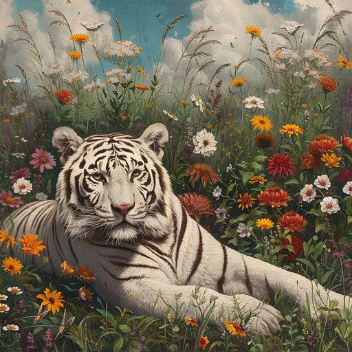 White tiger in field of wildflowers