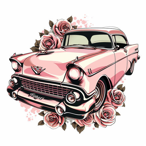 Romantic clipart style flat tattoo sketch of a vintage coupe with roses and soft pinks