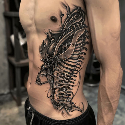 Men's rib tattoos with mechanical elements in Adrian Smith style
