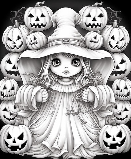 Halloween coloring page with ghosts and pumpkins