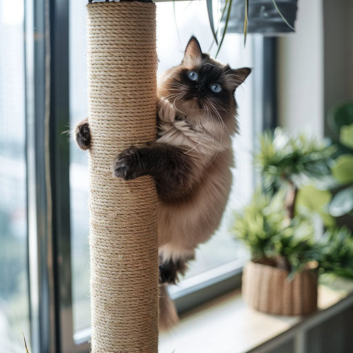 Himalayan cat climbs scratching post in stylish apartment