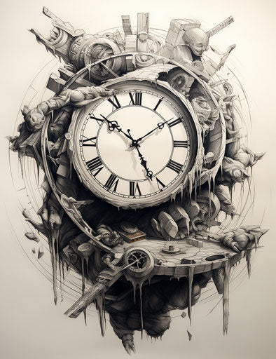 Broken clock tattoo with circle of clocks, folded style pencil sketch