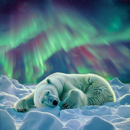Polar bear resting on bed of snow, northern lights