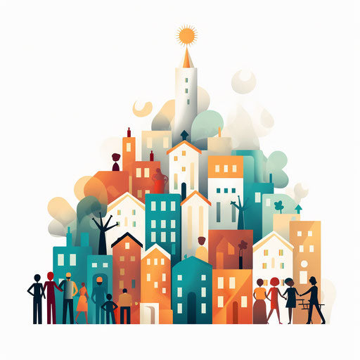 Community illustration in the style of Chiaroscuro Art, on white background