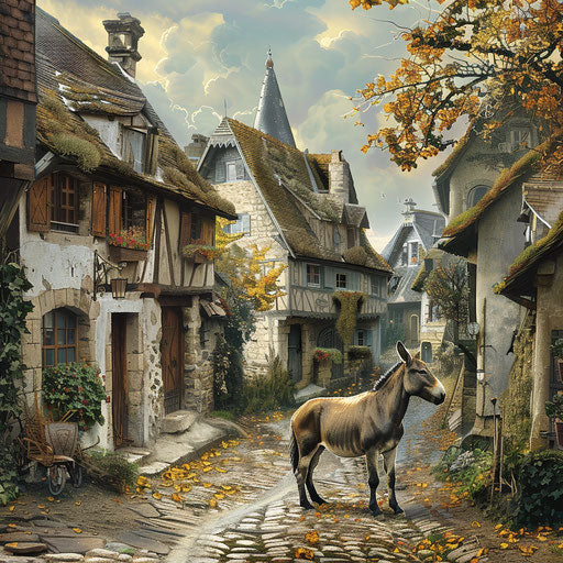 Donkey grazing near a quaint village with cobblestone streets