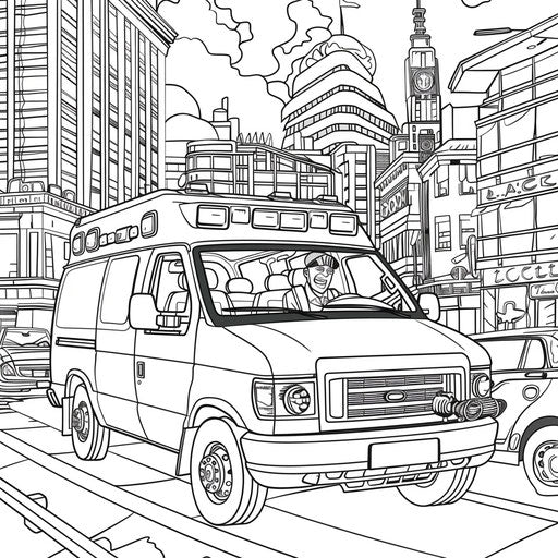 Cartoon doctor driving ambulance in a busy city