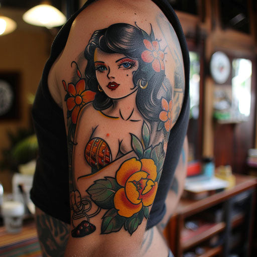 Man's tattoo with pin-up girl, Ed Hardy style
