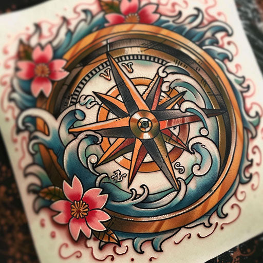 Sketch of a traditional Japanese tattoo of a compass rose with waves and cherry blossoms in rich colors