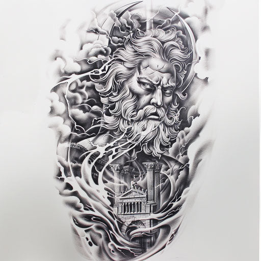 Gothic tattoo of Zeus with stormy skies and architecture
