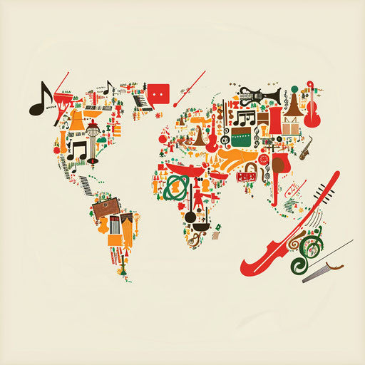 Musical map with notes and instruments forming a world map