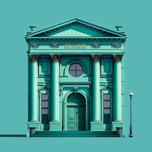 Realistic bank clipart with flat teal background