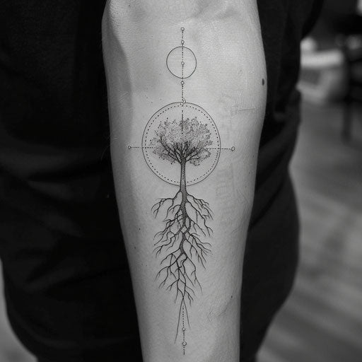 Minimalist geometric shapes on tree root system tattoo sketch