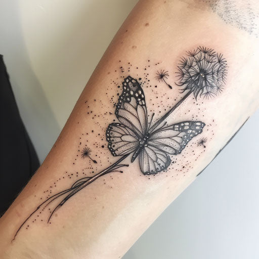 Butterfly and dandelion with flying seeds tattoo, whimsical