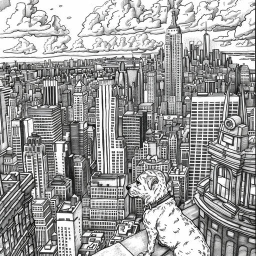 Puppies exploring a bustling cityscape in the style of Stephen Wiltshire Coloring book page