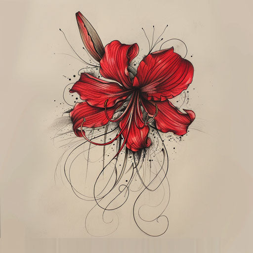 Elegant sketch of a red spider lily with detailed stamen and petals, black monochrome style