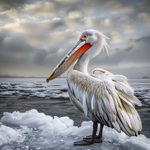 Pelican standing on icy shore