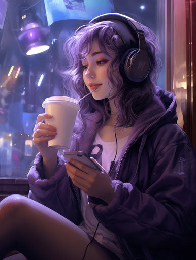 Anime girl drinking coffee with headphones in a night scene