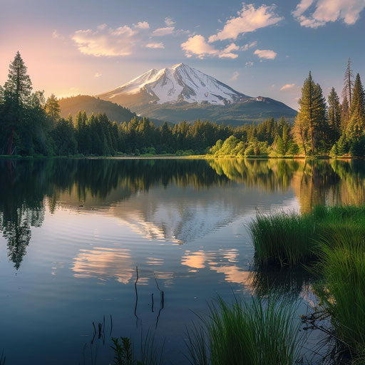 Serene lake reflecting majesty of Shasta Mountain at dawn