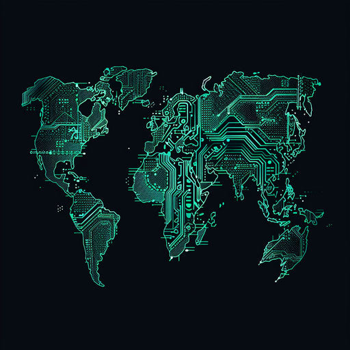 Tech map logo with digital circuit pattern representing continents, oceans, and text space