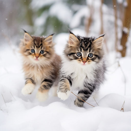 Norwegian forest cat kittens playing in the snow