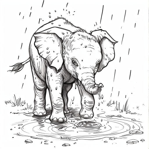 A baby elephant splashing in a puddle on a rainy day