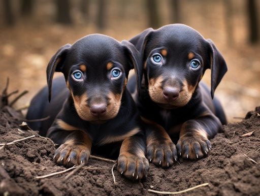 Three adorable baby black doberman puppies with parent, maroon and blue style, dusty piles 4:3