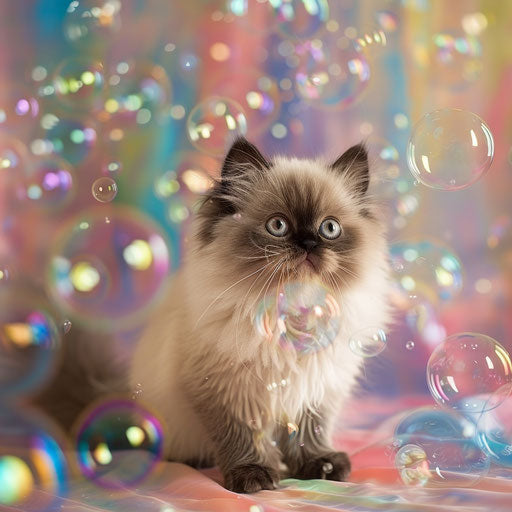 Himalayan kitten playing with bubbles in a colorful room