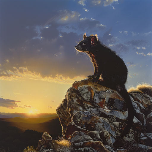 Solitary Tasmanian devil on rocky outcrop
