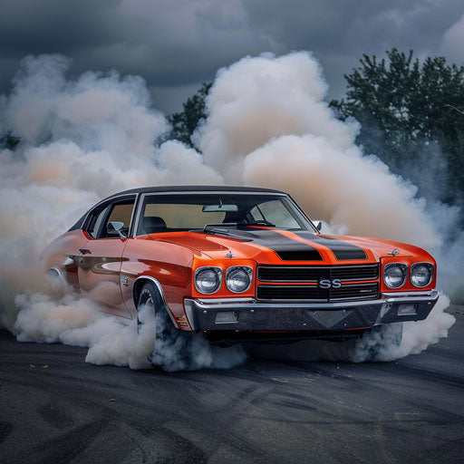 1977 Chevelle SS with bold orange hue and black racing stripes, emerging from smoke at burnout competition