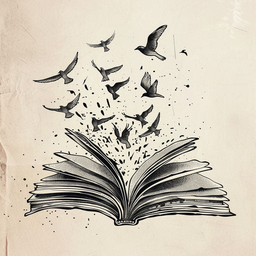 Flat tattoo sketch of an open book with pages turning into birds, symbolizing dreams