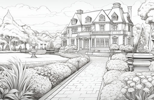 Manor in Flower Garden, Coloring Page
