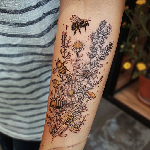 Wildflower tattoo with bees, detailed flowers