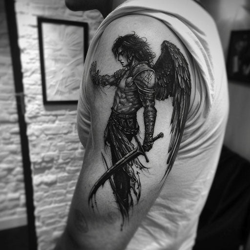 Simple tattoos for men of a dark angel, in the style of Gerald Brom