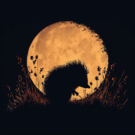 Hedgehog's silhouette under the warm glow of the autumn moon