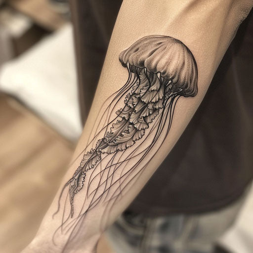 Detailed jellyfish tattoo on smooth white background