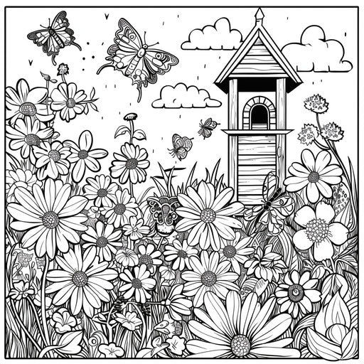 Flower garden with butterflies and birdhouse