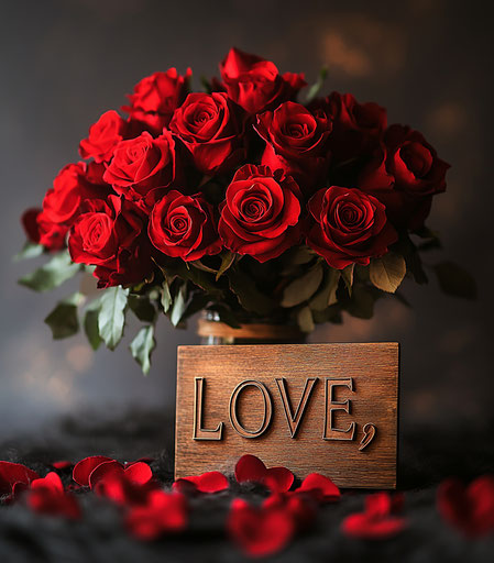 Red roses bouquet with wooden sign on dark background
