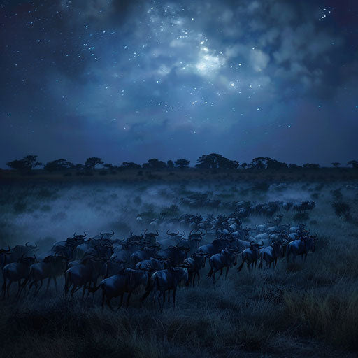 Epic wildebeest migration under moonlight in Africa
