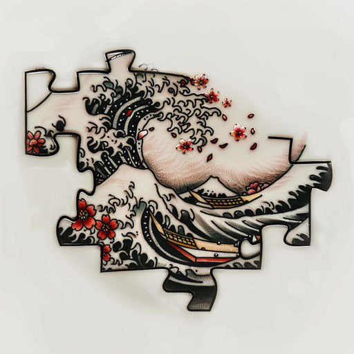 Japanese-style puzzle piece tattoo with waves and cherry blossoms
