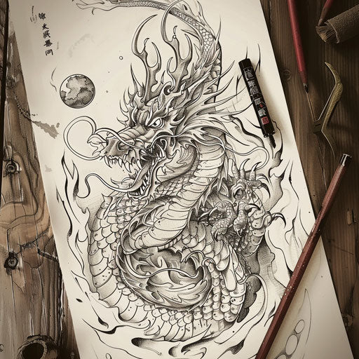 Exotic flat tattoo sketch of a shinigami with traditional Eastern dragon motifs