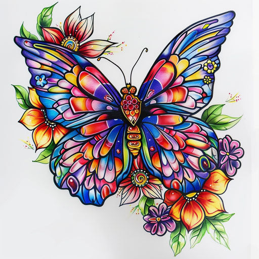 Butterfly with stained glass effect flowers, vibrant and colorful tattoo art, on a clean white canvas.