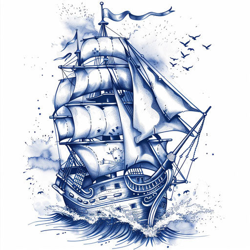 Classic tattoo sketch of a pirate ship with traditional nautical elements in navy blue and white, in a timeless clipart style