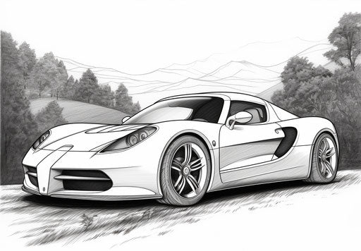 Printable sports car coloring page, luminous shadowing style
