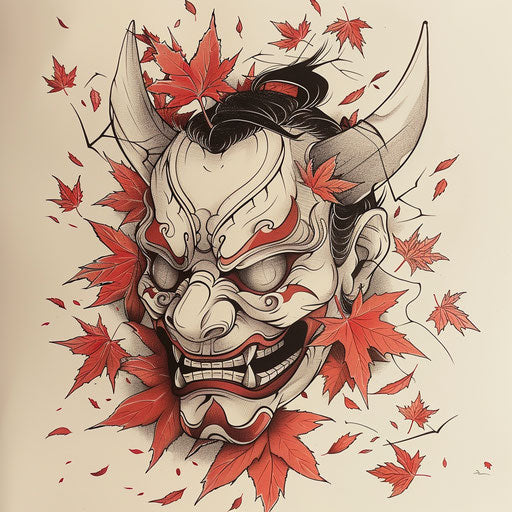 Flat tattoo sketch of a Hannya mask with falling autumn leaves background