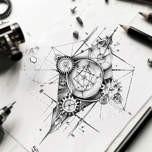 Geometric steampunk tattoo design on white paper