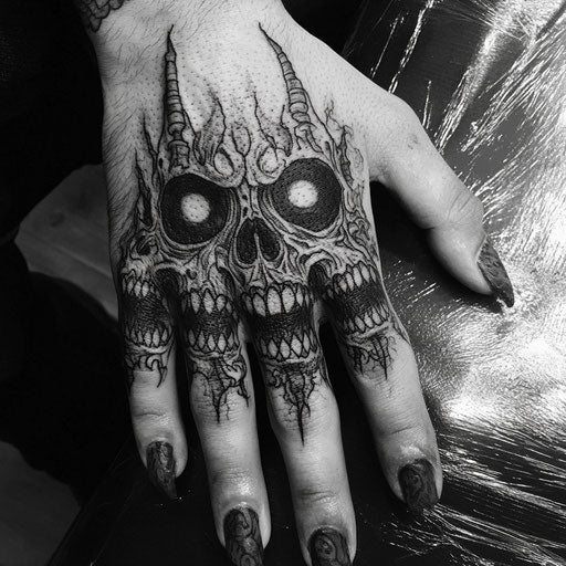 Small hand tattoos in the style of Adrian Smith with intricate demonic faces